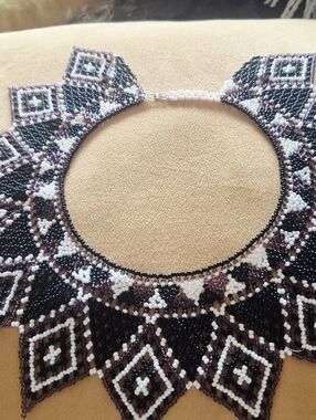 Handmade Beaded Statement Collar Necklace - Black, White & Burgundy